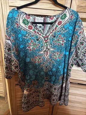 Funky People Turquoise Paisley Tunic with Multicolor Accents XL